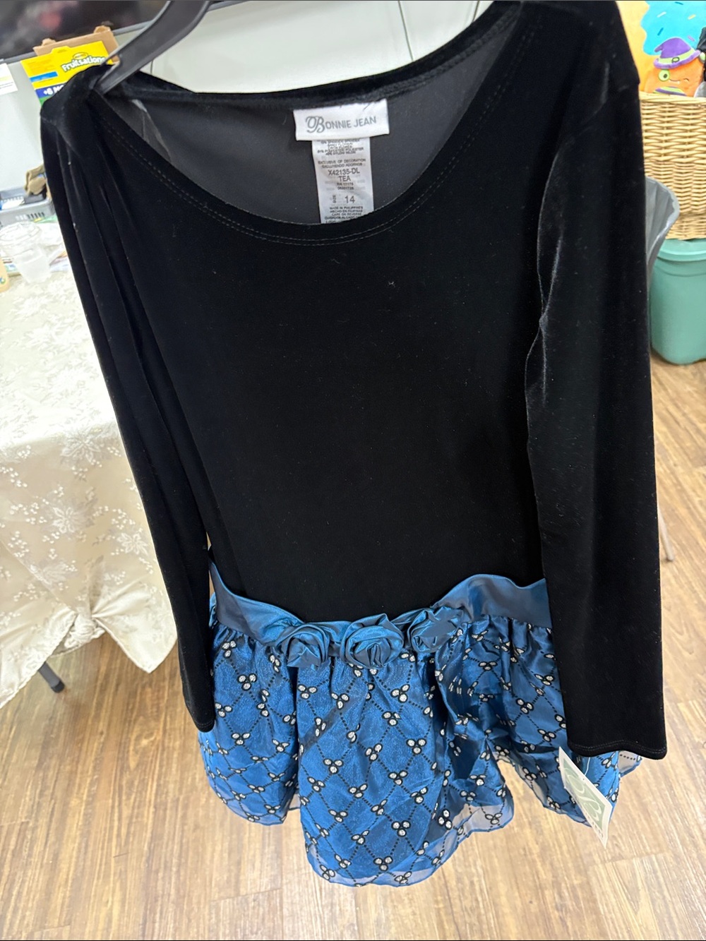 Bonnie Jean Black Velvet Top with Blue Floral Skirt Girls Formal Dress